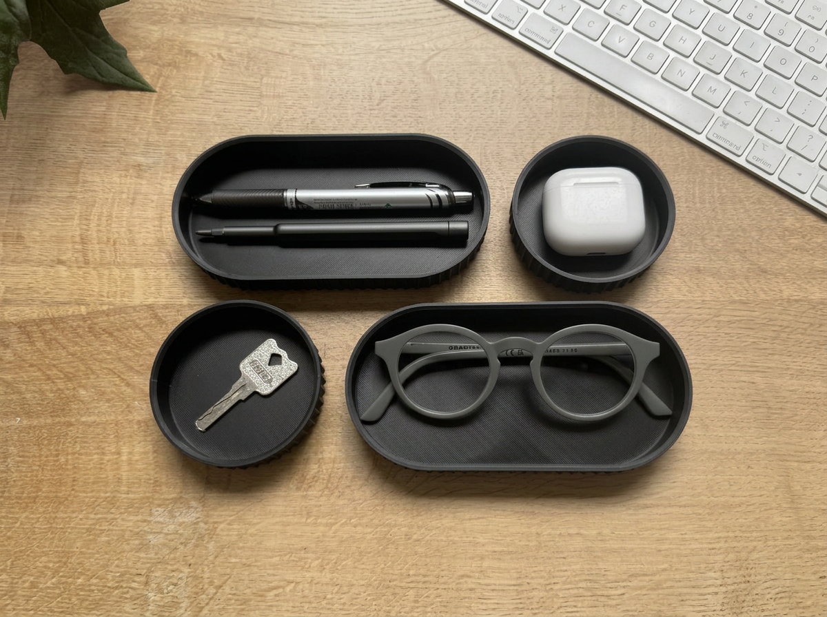 Top-down view of four modular desk organiser pieces holding pens, glasses, keys and earbuds on a wooden desk