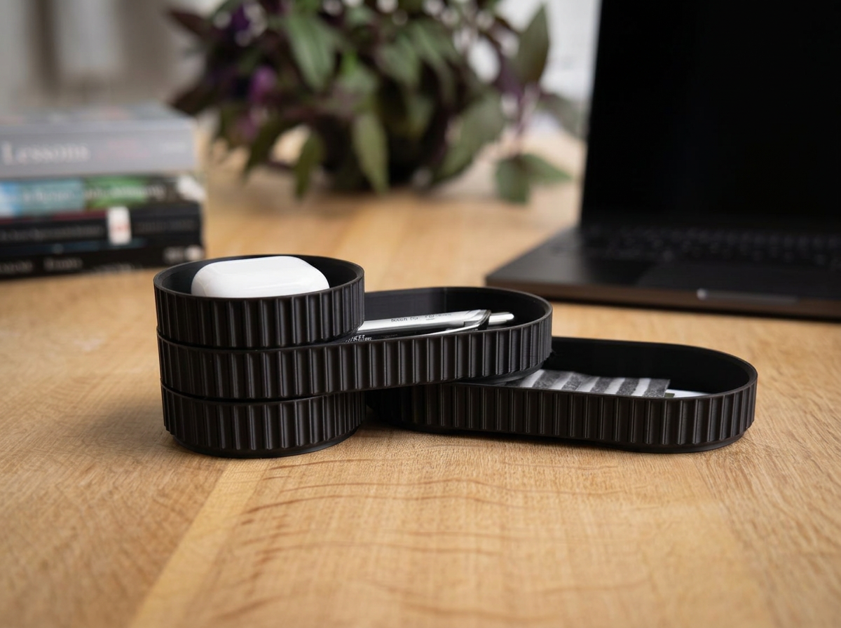 Charcoal black modular desk organiser set on a wooden desk beside a laptop and books